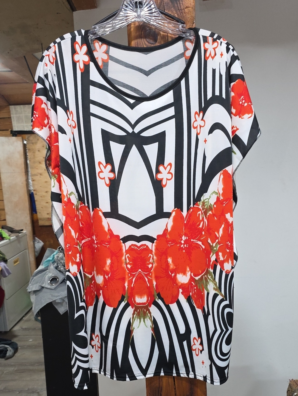 Cato Black & White Tunic with Bold Red Floral Border